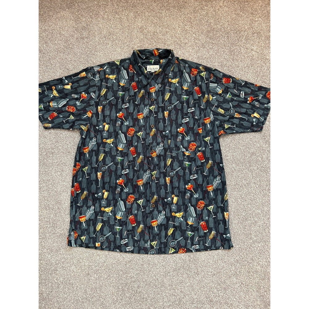 Bill Blass Button Down Shirt Mens L Grey Cocktail Print Short Sleeve Excellent